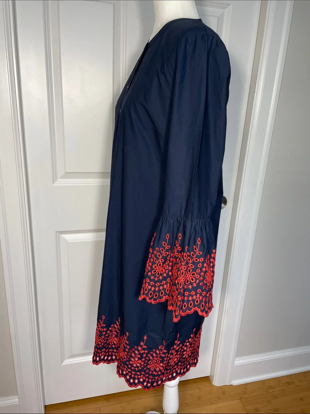 J. Crew Midi Dress Medium Embroidered Eyelet Bell Long Sleeve Navy Blue